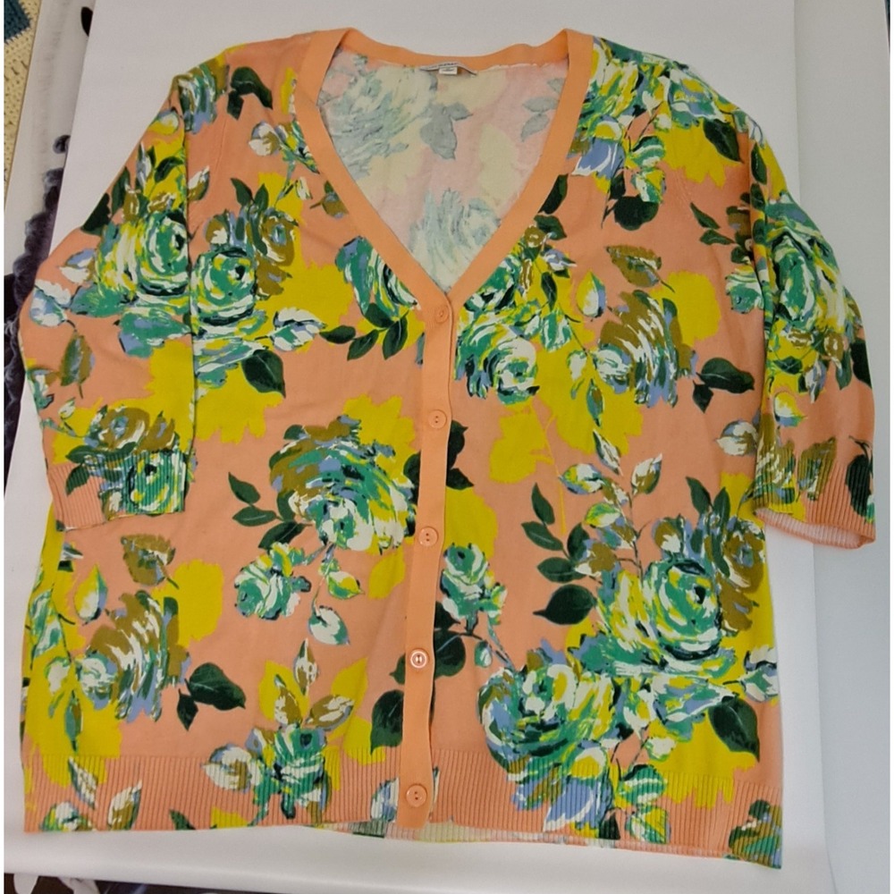 Isaac Mizrahi Live! Garden Floral Cardigan V-Neck Sweater Peach 1XL‎